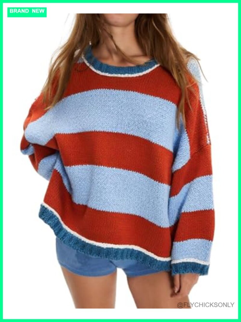 Striped Chunky Knit Sweater Crewneck Oversized Fall Pullover